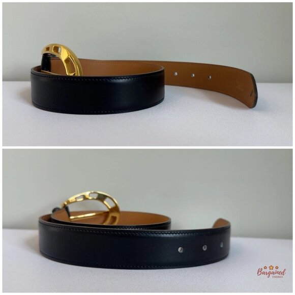 Authentic HERMES Black Calfskin Leather Gold Horseshoe Buckle Belt Size 70